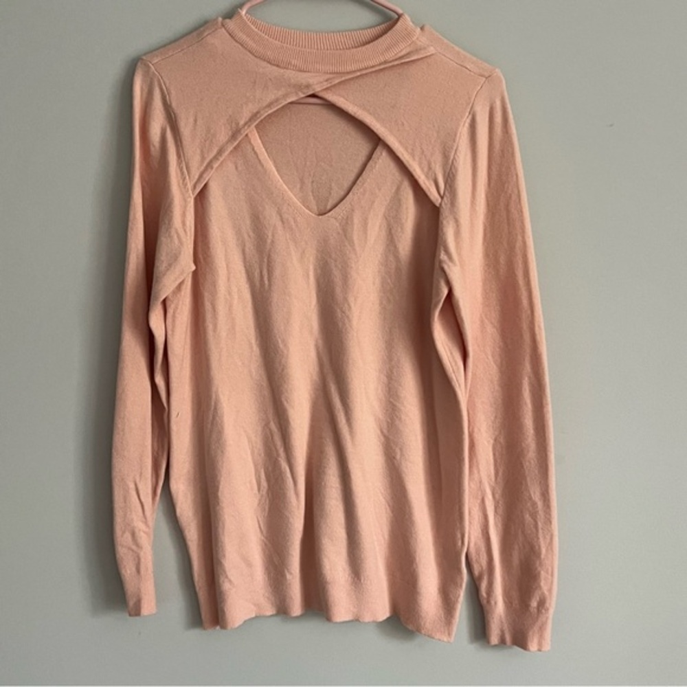 VENUS Light Pink Lightweight Knit V Neck Cutout Long Sleeve Sweater